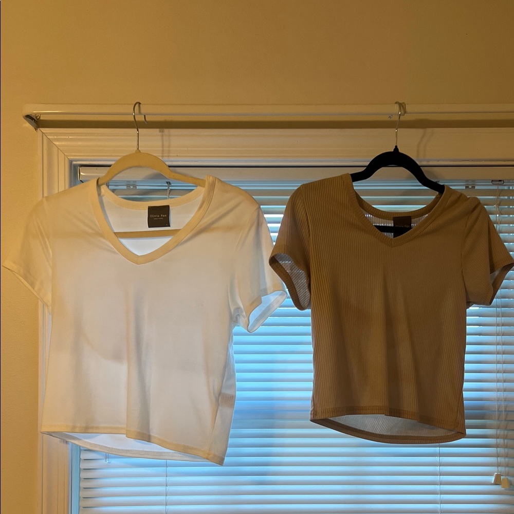 Olivia Rae V-Neck Short Sleeve Tops - White and Tan